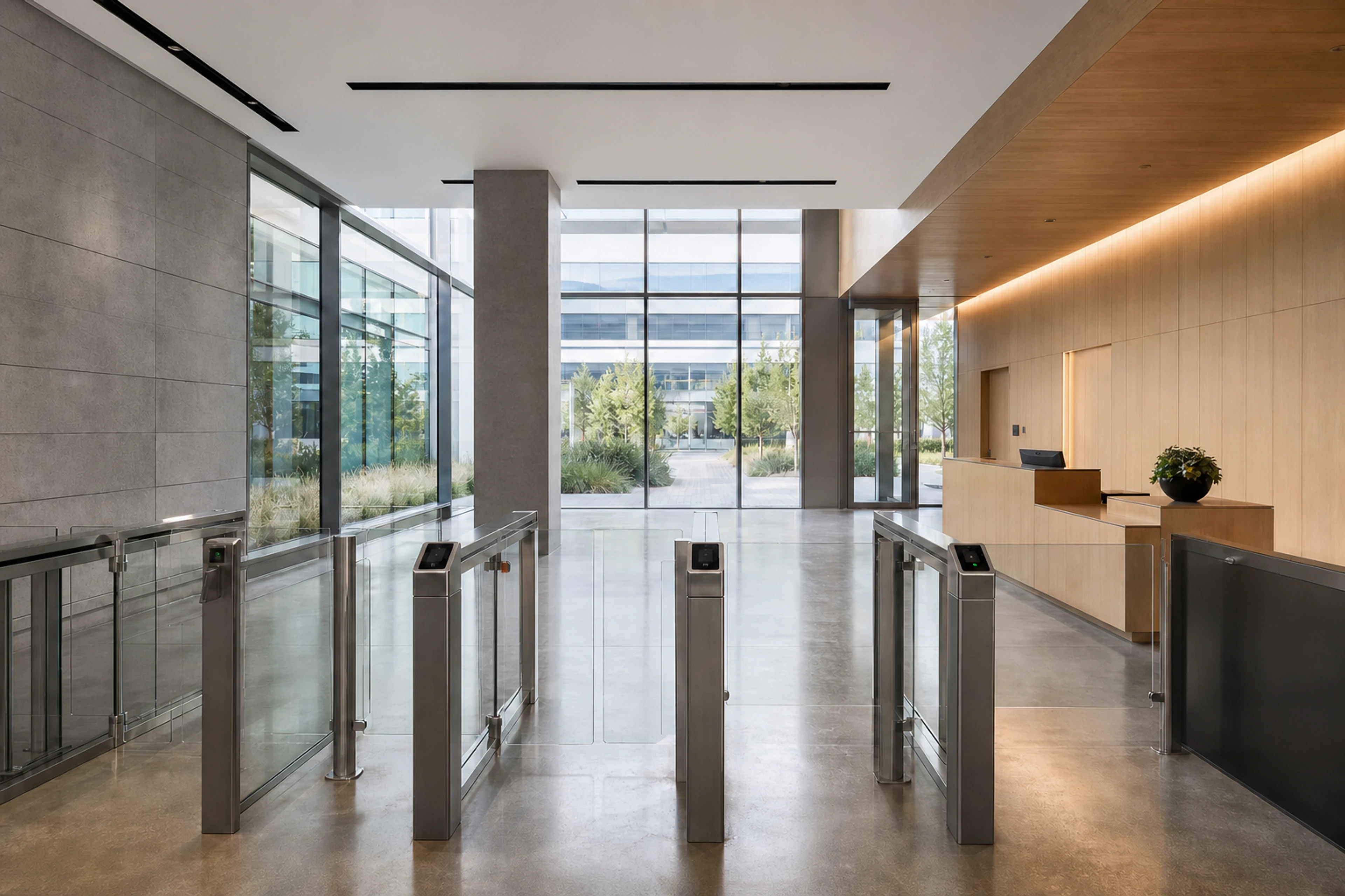 Unoccupied commercial office lobby with reception and controlled glass turnstiles