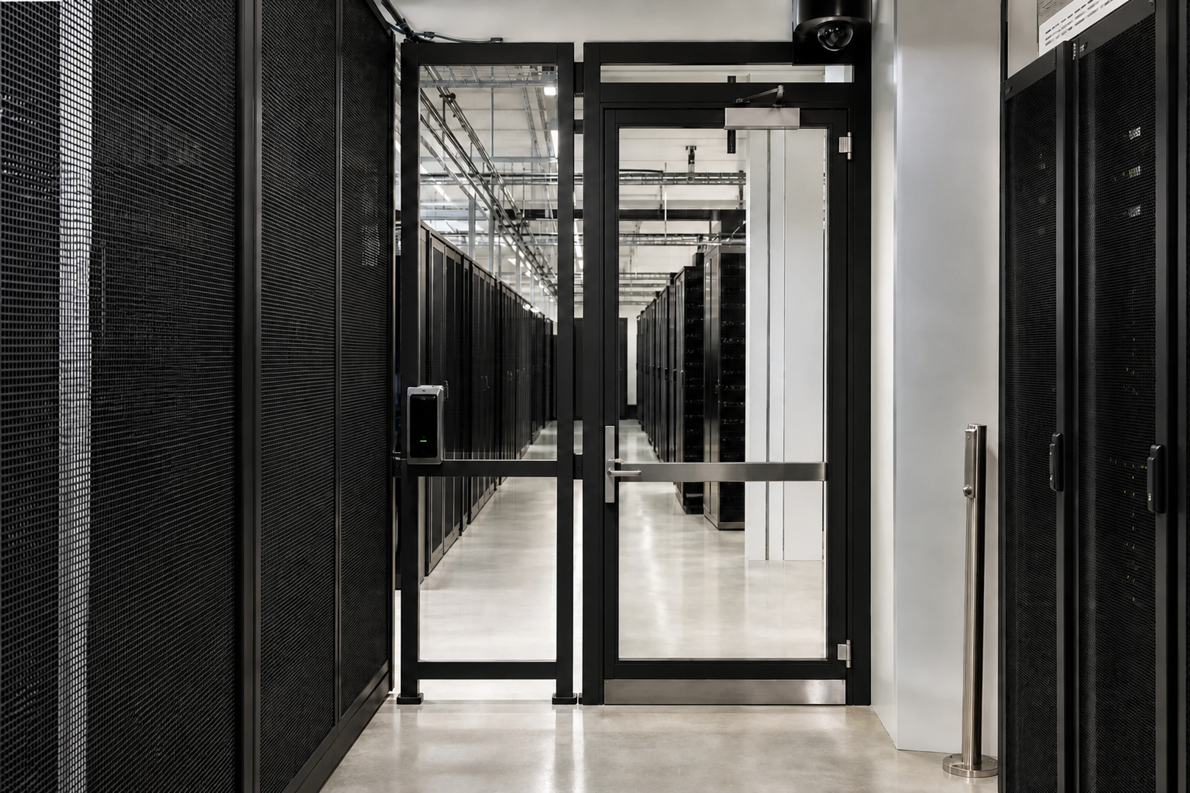 Controlled data center cage entry with access reader, camera, and server aisles