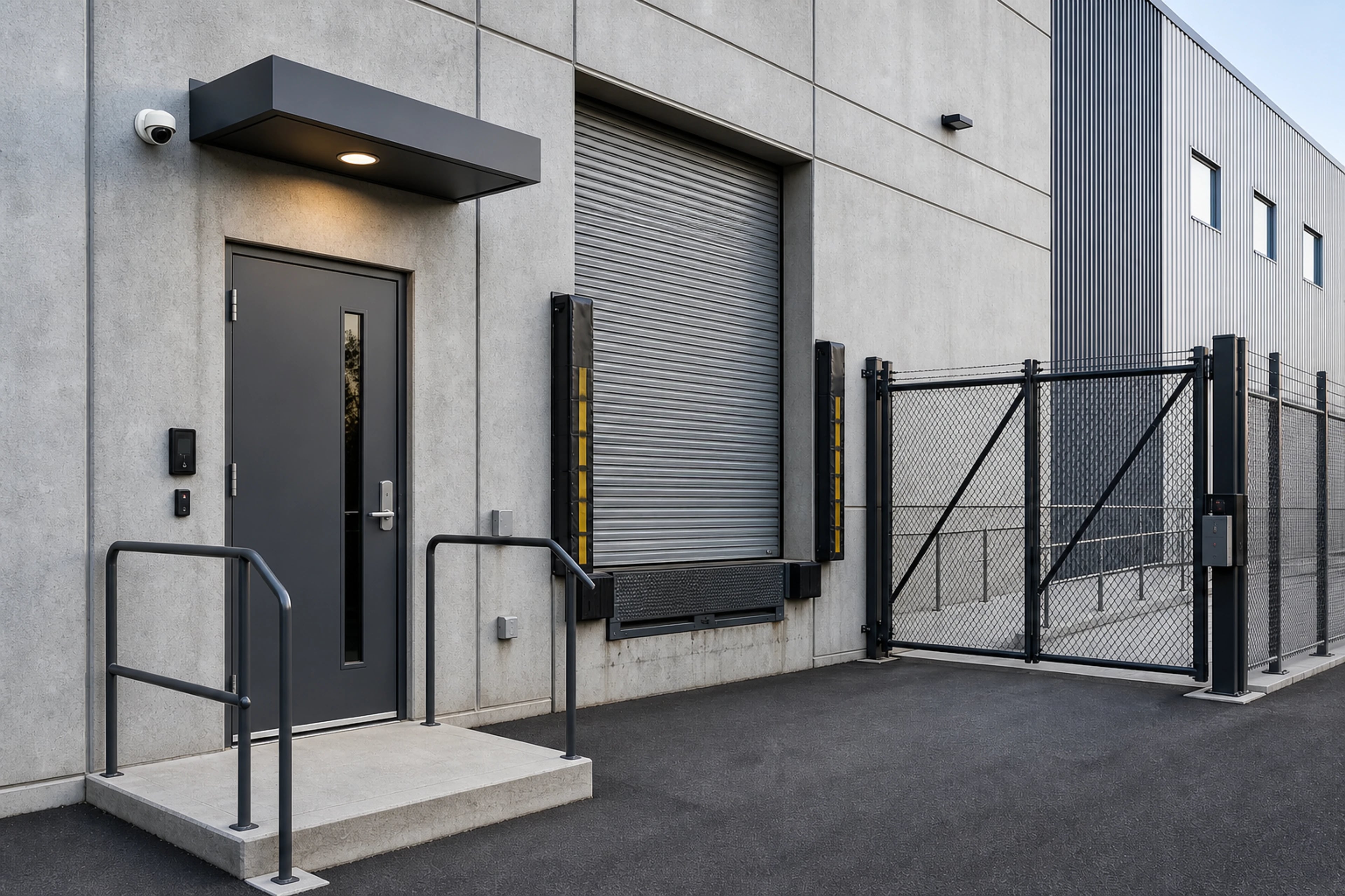Industrial facility access point with a pedestrian door, loading door, secured gate, and cameras