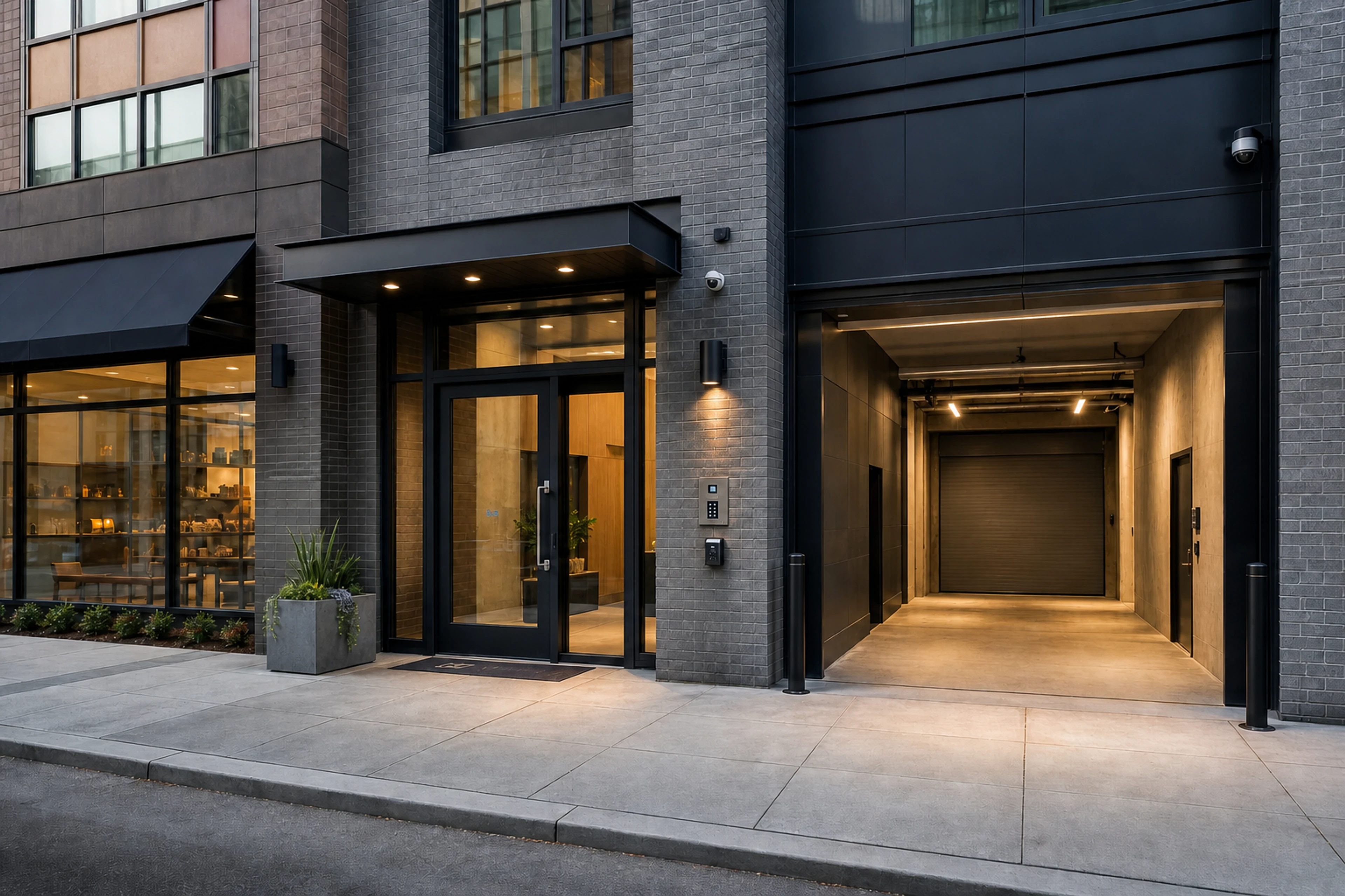 Mixed-use property facade with coordinated residential, retail, and service entrances