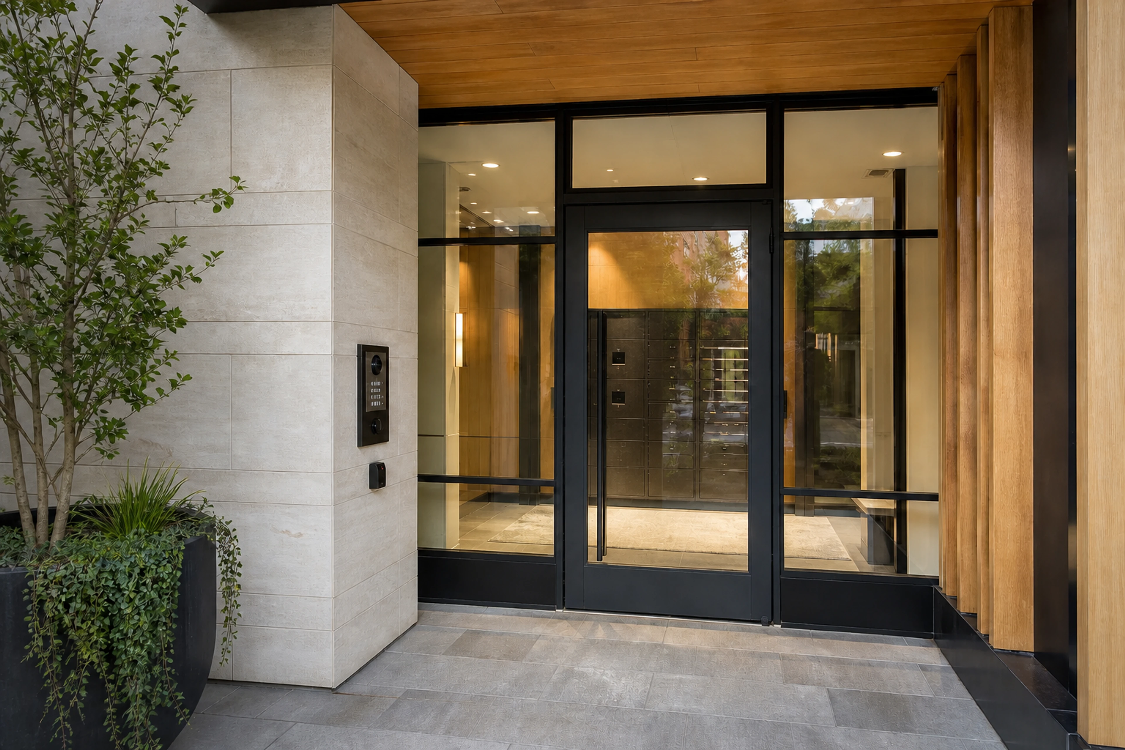 Multifamily entrance with controlled glass door, video intercom, access reader, and package vestibule