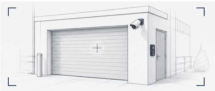 Scanner-style illustration of a garage entry with access control and camera coverage