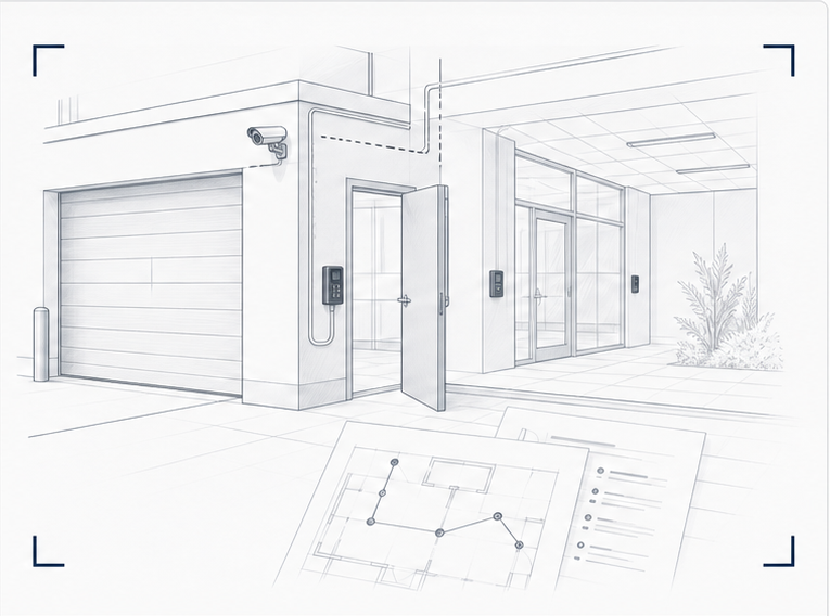 Architectural scanner illustration of a commercial garage, entry doors, access readers, camera, and planning sheet.