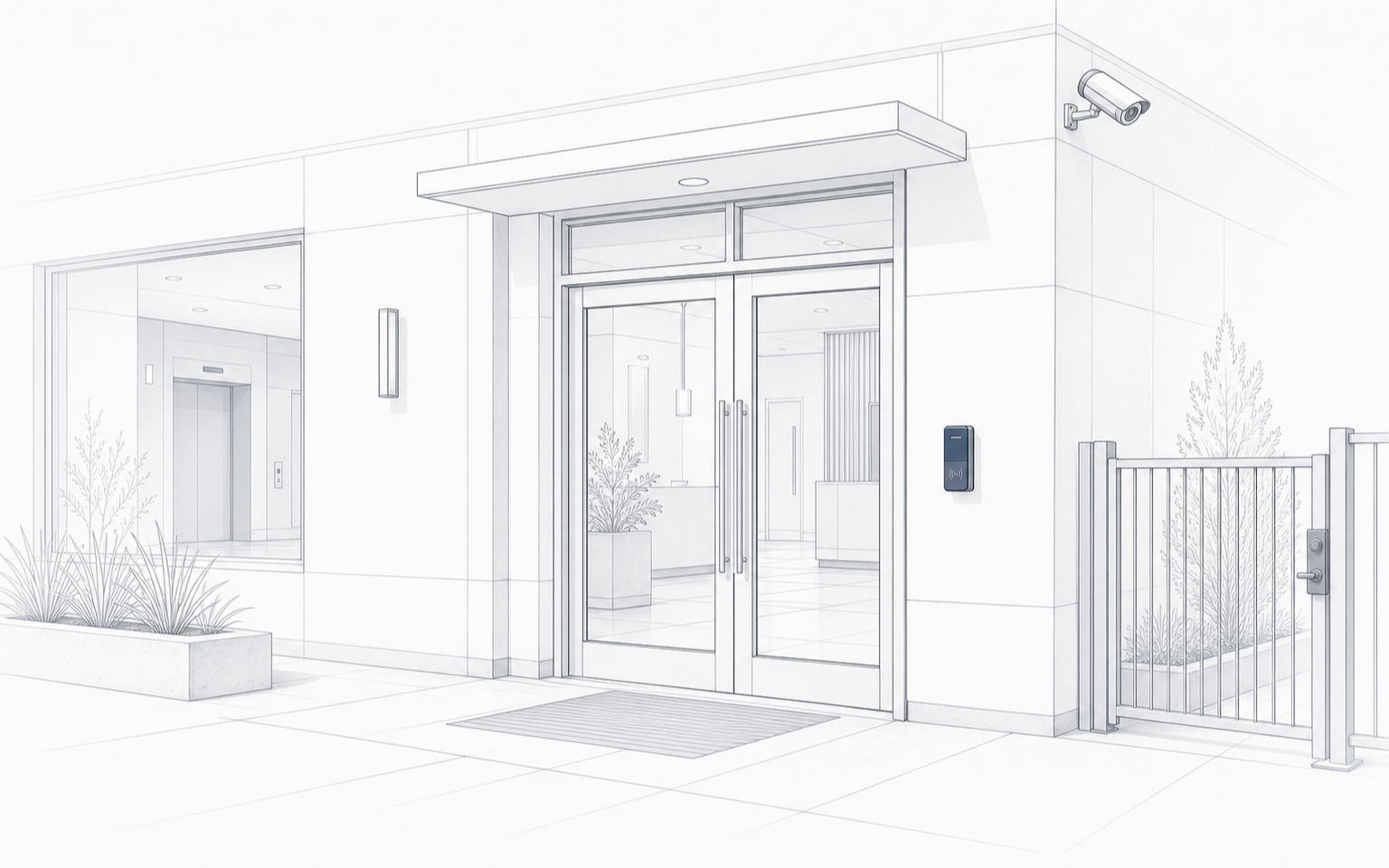 Minimal architectural visual of access control readers, doors, gates, and elevator access in a commercial entry.